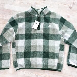 New Nike‎ Club Fleece Winterized Sherpa Half-Zip | Green Plaid M